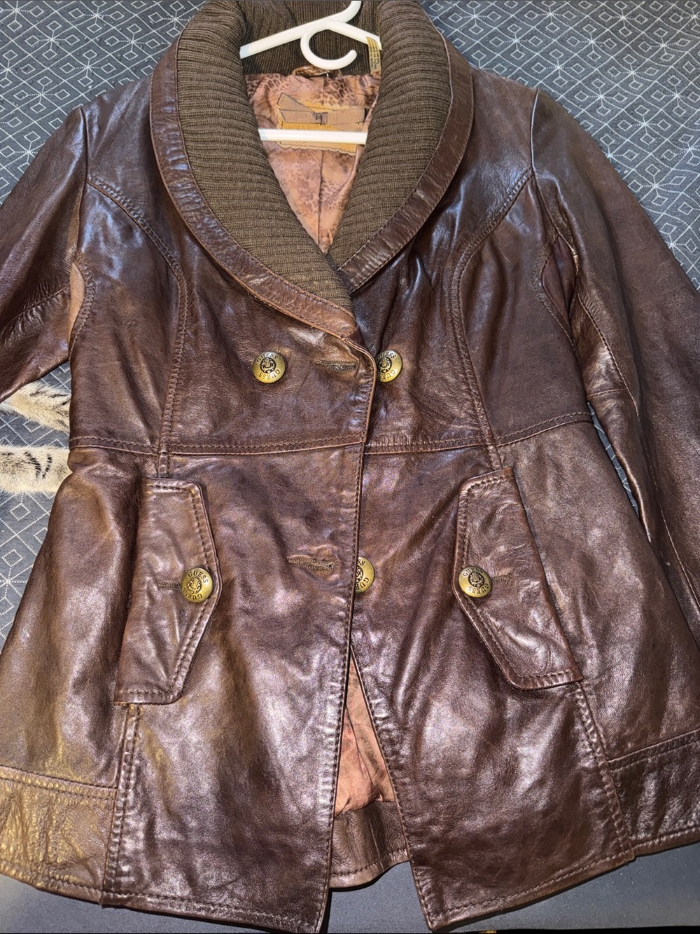 Guess Brown Double-Breasted Leather Jacket with Ribbed Shawl Collar